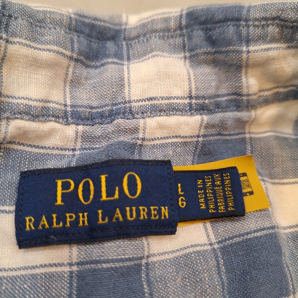 Polo Ralph Lauren Linen Check Pullover Shirt Wom Lg Blue Plaid LS Authenticated - Picture 2 of 11